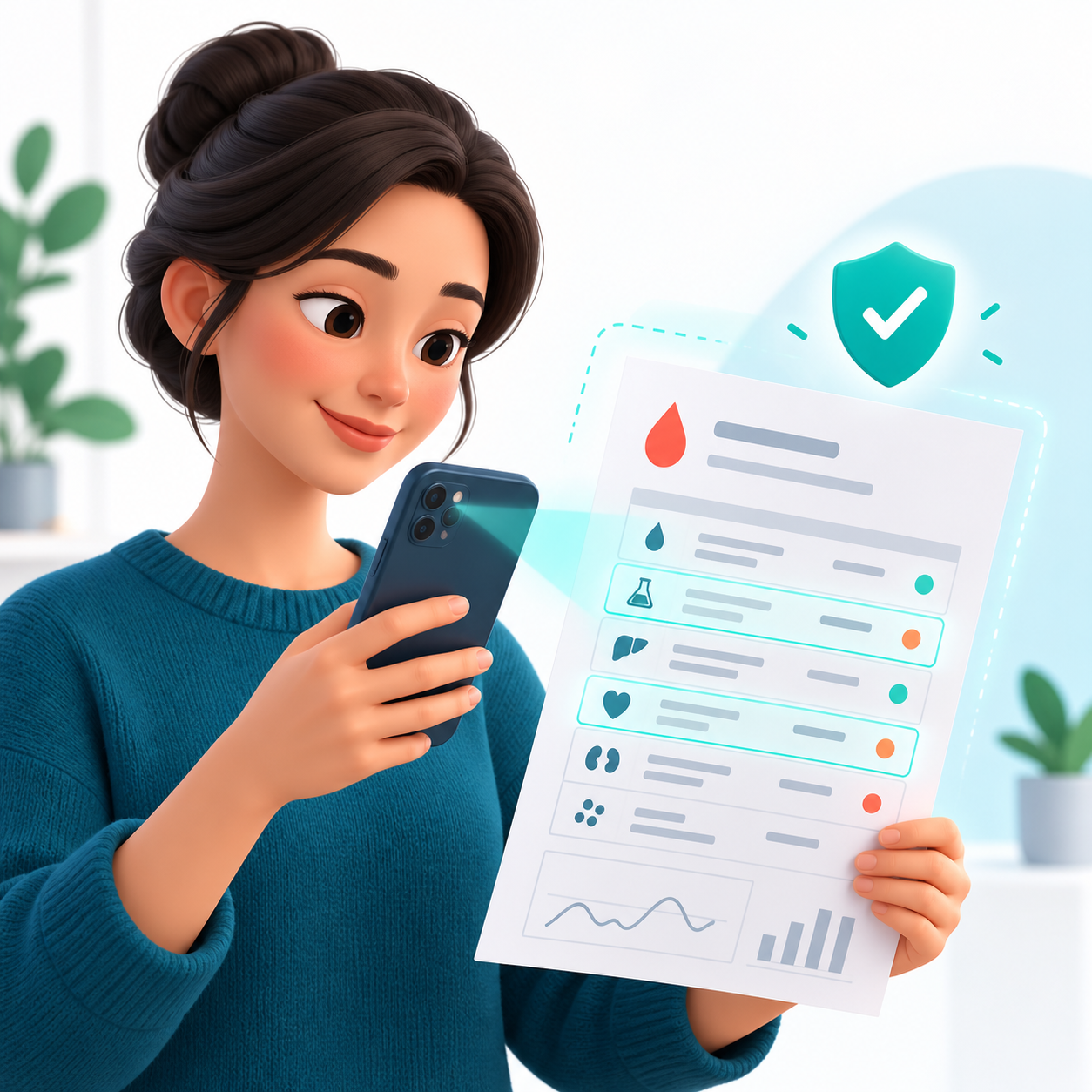 Illustration of a medical report being scanned with AI support